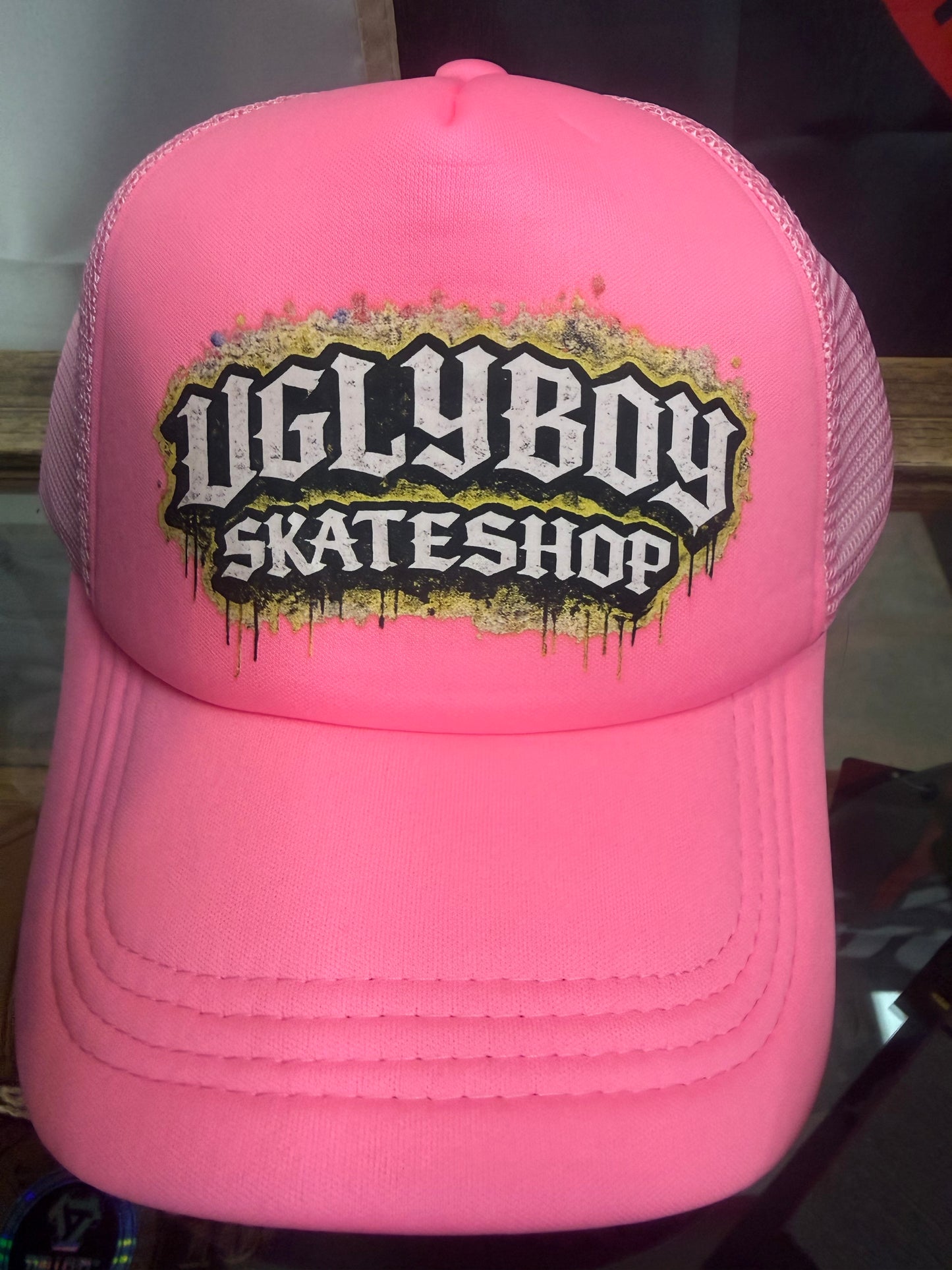 Ugly boy, skate shop, trucker hat, pink