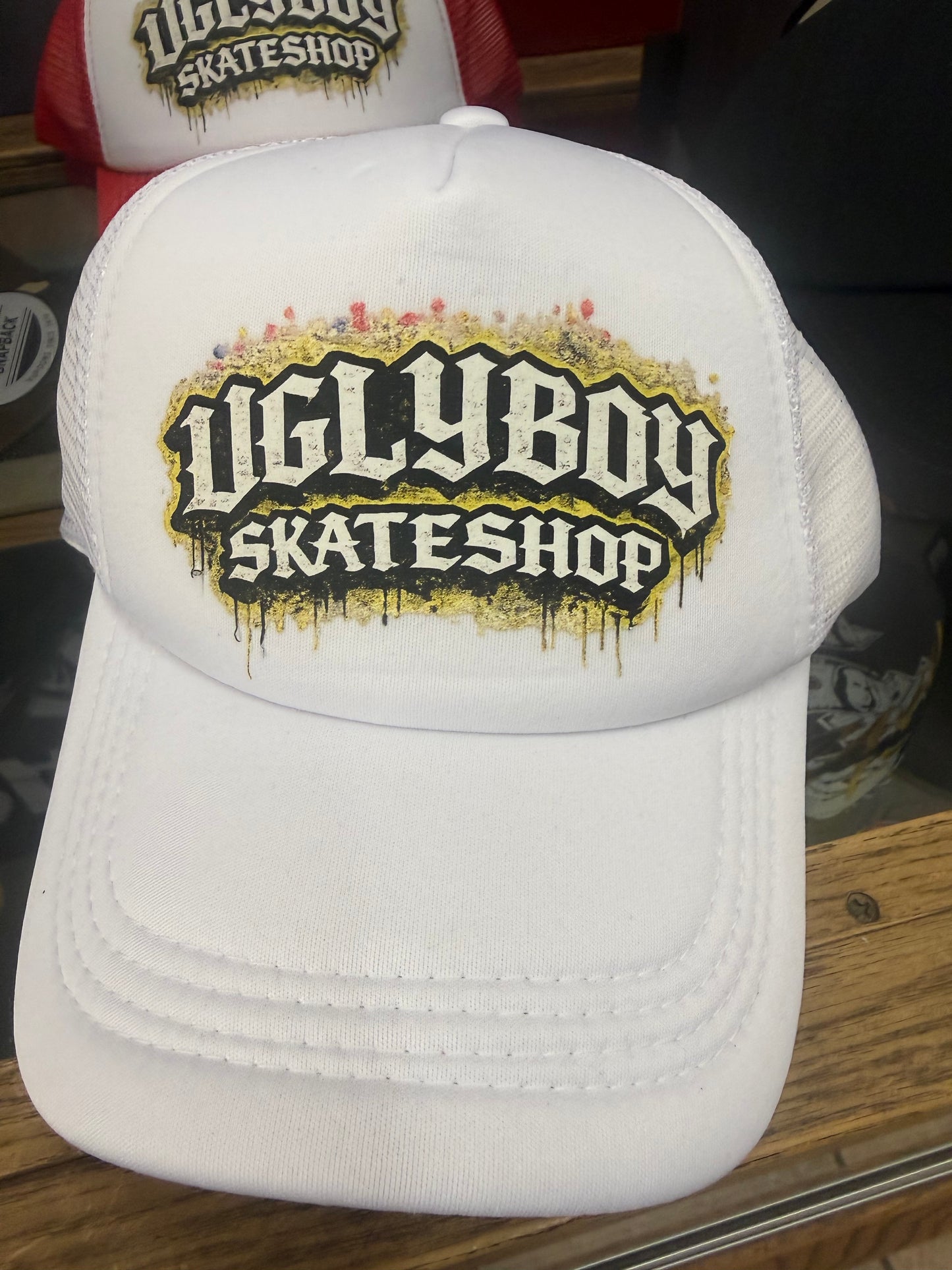 Ugly boy, skate shop, trucker hat, white